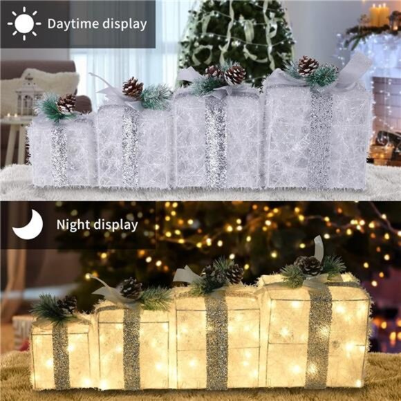 Set of 4 Christmas Lighted Gift Boxes, Pre-lit Light up Present Set with - Picture 3 of 8
